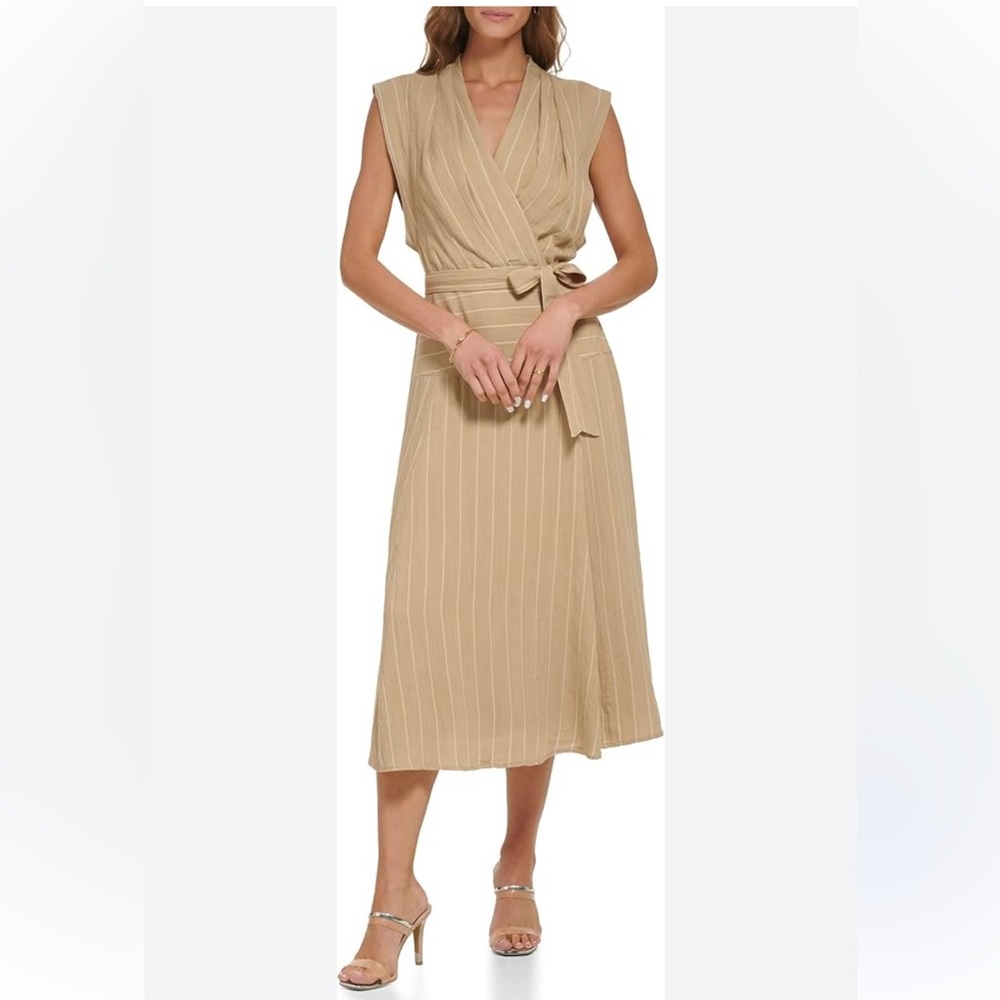 DKNY Tan Stripe Faux Wrap Midi Dress with Tie Belt ladies 12 NWT